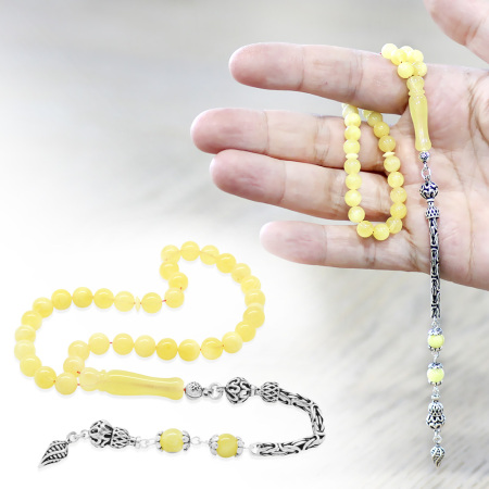 925 Ayar Gümüş Kral Zincir Püsküllü Küre Kesim Soft Sarı Beyaz Doğal Damla Kehribar Tesbih - Tesbihane