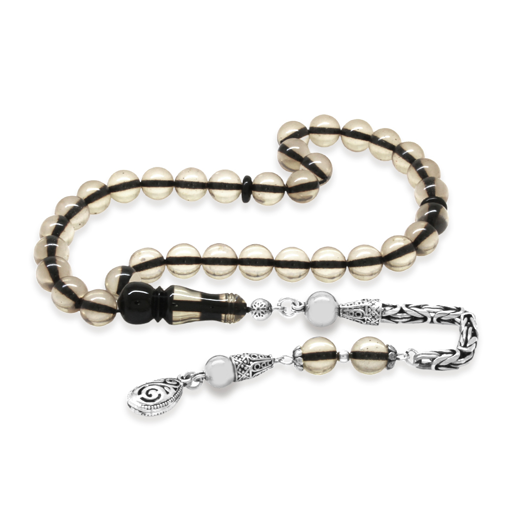 925 Ayar Gümüş Kral Zincir Püsküllü Küre Kesim Sürmeli İmame Kombinli Şeffaf Ateş Kehribar Tesbih - 2