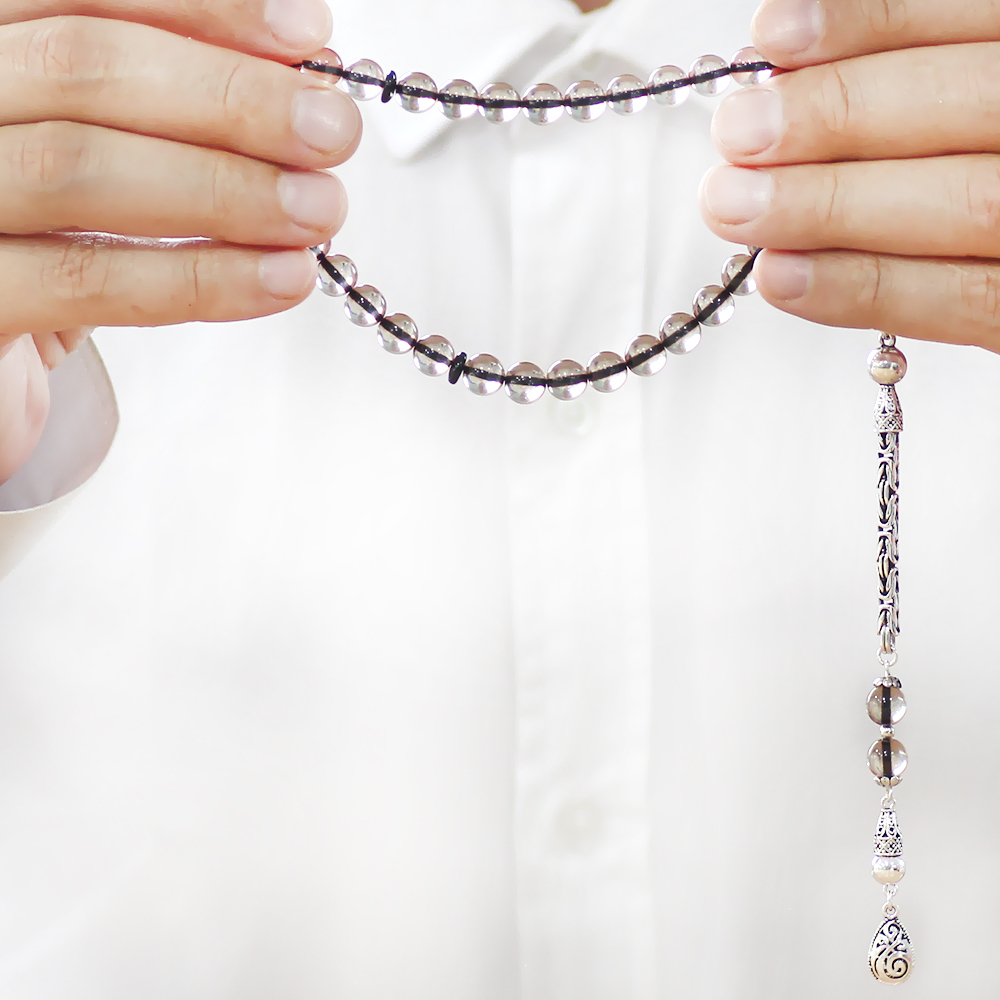 925 Ayar Gümüş Kral Zincir Püsküllü Küre Kesim Sürmeli İmame Kombinli Şeffaf Ateş Kehribar Tesbih - 4