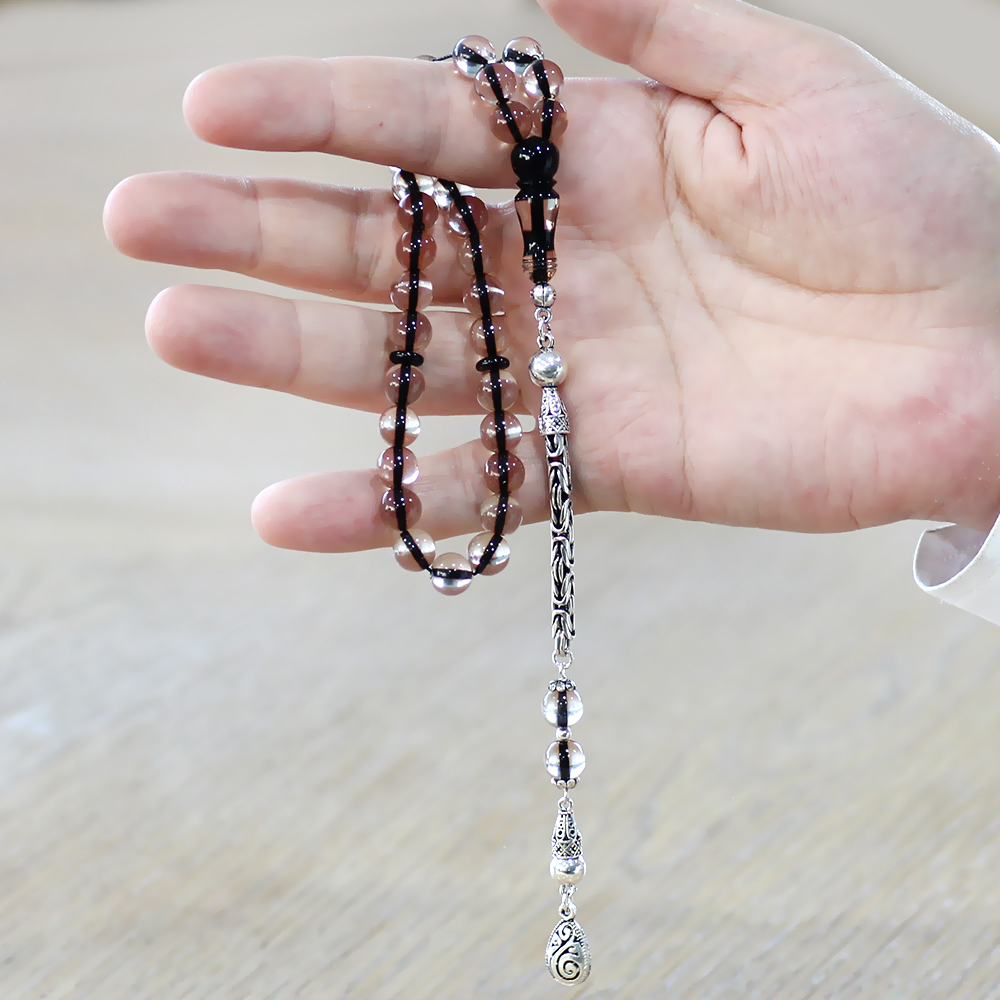 925 Ayar Gümüş Kral Zincir Püsküllü Küre Kesim Sürmeli İmame Kombinli Şeffaf Ateş Kehribar Tesbih - 3