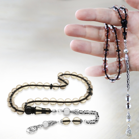 925 Ayar Gümüş Kral Zincir Püsküllü Küre Kesim Sürmeli İmame Kombinli Şeffaf Ateş Kehribar Tesbih - Tesbihane