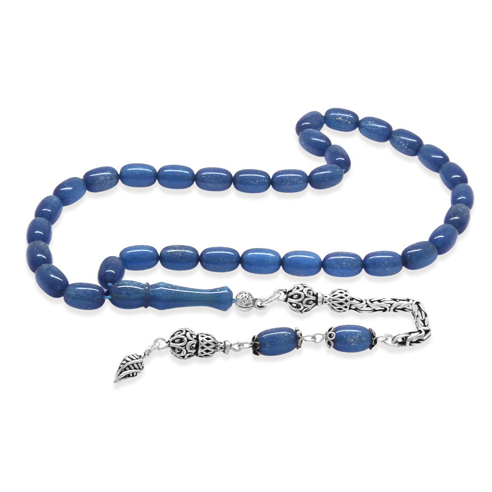 925 Ayar Gümüş Kral Zincir Püsküllü Özel Kesim Sedefli Mavi Sıkma Kehribar Tesbih - 2