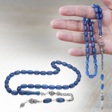 925 Ayar Gümüş Kral Zincir Püsküllü Özel Kesim Sedefli Mavi Sıkma Kehribar Tesbih - Tesbihane