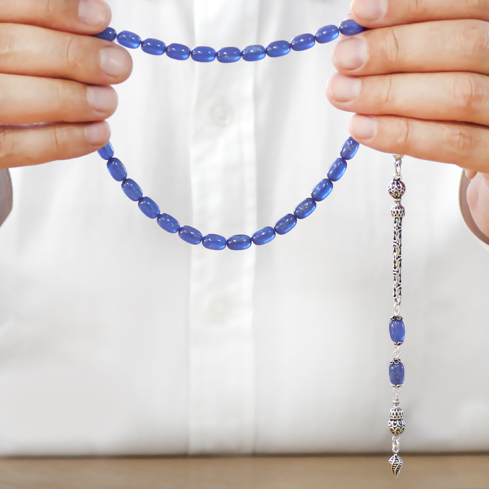 925 Ayar Gümüş Kral Zincir Püsküllü Özel Kesim Sedefli Mavi Sıkma Kehribar Tesbih - 4