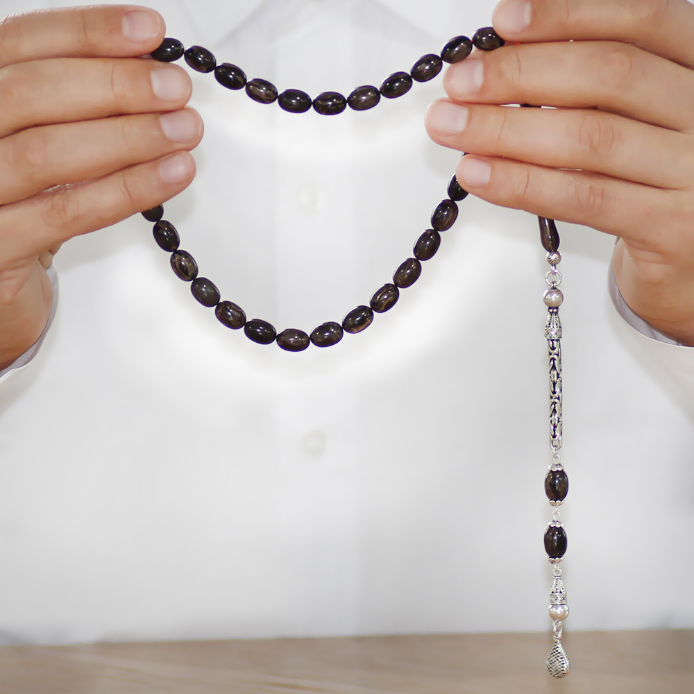 925 Ayar Gümüş Kral Zincir Püsküllü Sülün İmame Beyzi Kesim Gri - Siyah Katalin Tesbih - 3