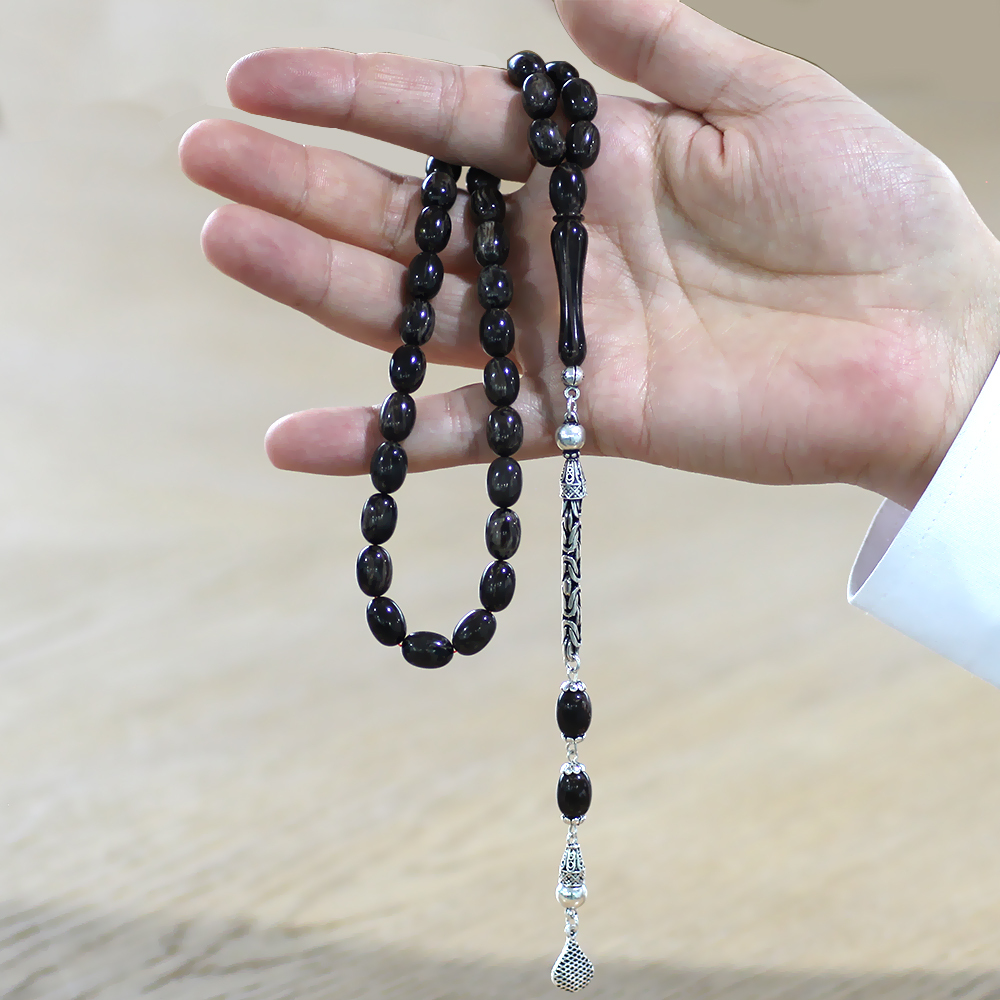 925 Ayar Gümüş Kral Zincir Püsküllü Sülün İmame Beyzi Kesim Gri - Siyah Katalin Tesbih - 4