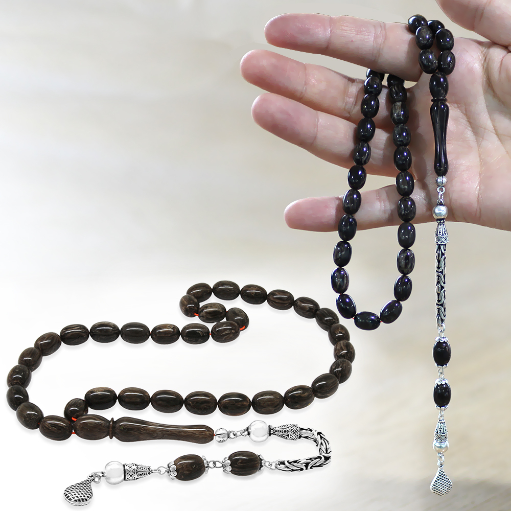 925 Ayar Gümüş Kral Zincir Püsküllü Sülün İmame Beyzi Kesim Gri - Siyah Katalin Tesbih - 1