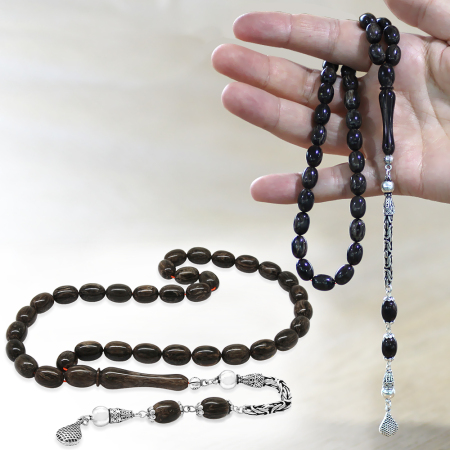 925 Ayar Gümüş Kral Zincir Püsküllü Sülün İmame Beyzi Kesim Gri - Siyah Katalin Tesbih - Tesbihane