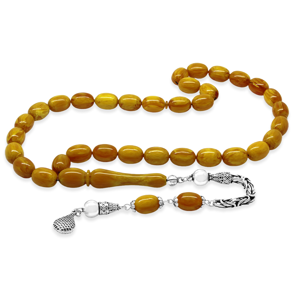 925 Ayar Gümüş Kral Zincir Püsküllü Sülün İmame Beyzi Kesim Hardal Sarısı Katalin Tesbih - 2