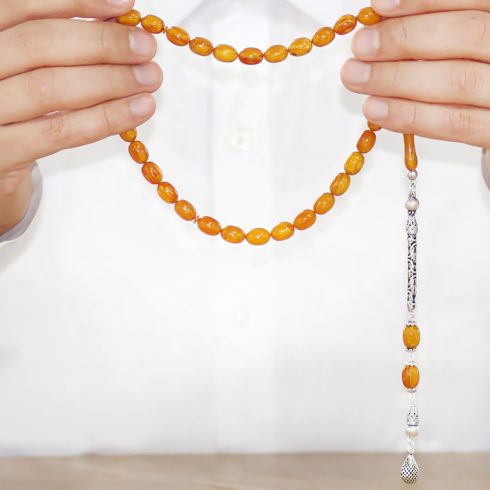 925 Ayar Gümüş Kral Zincir Püsküllü Sülün İmame Beyzi Kesim Hardal Sarısı Katalin Tesbih - 3