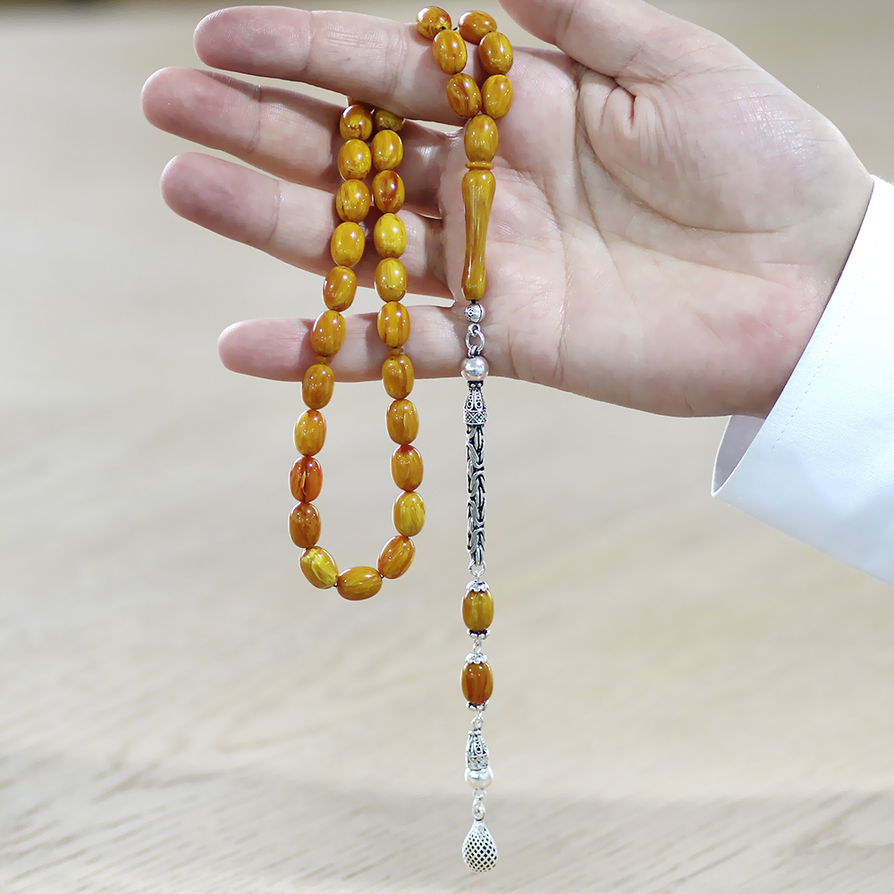 925 Ayar Gümüş Kral Zincir Püsküllü Sülün İmame Beyzi Kesim Hardal Sarısı Katalin Tesbih - 4