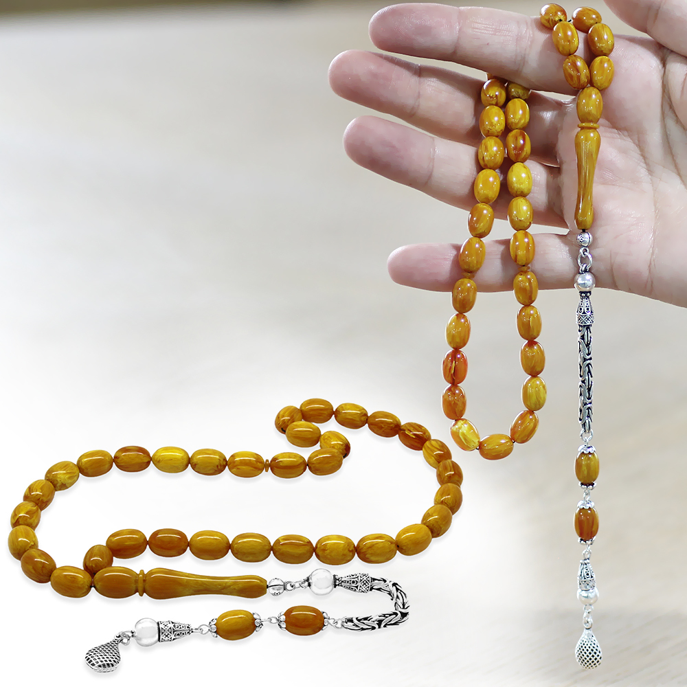 925 Ayar Gümüş Kral Zincir Püsküllü Sülün İmame Beyzi Kesim Hardal Sarısı Katalin Tesbih - 1