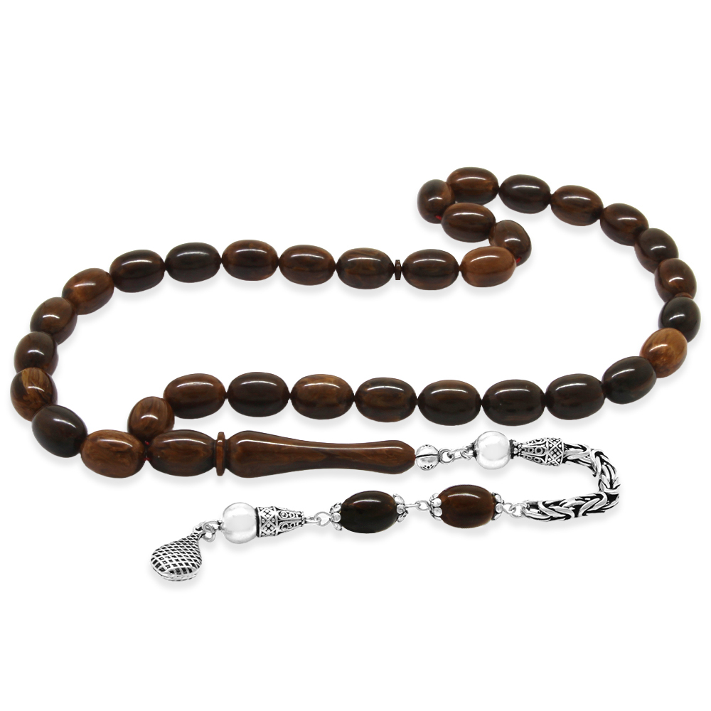 925 Ayar Gümüş Kral Zincir Püsküllü Sülün İmame Beyzi Kesim Kahverengi - Siyah Katalin Tesbih - 2