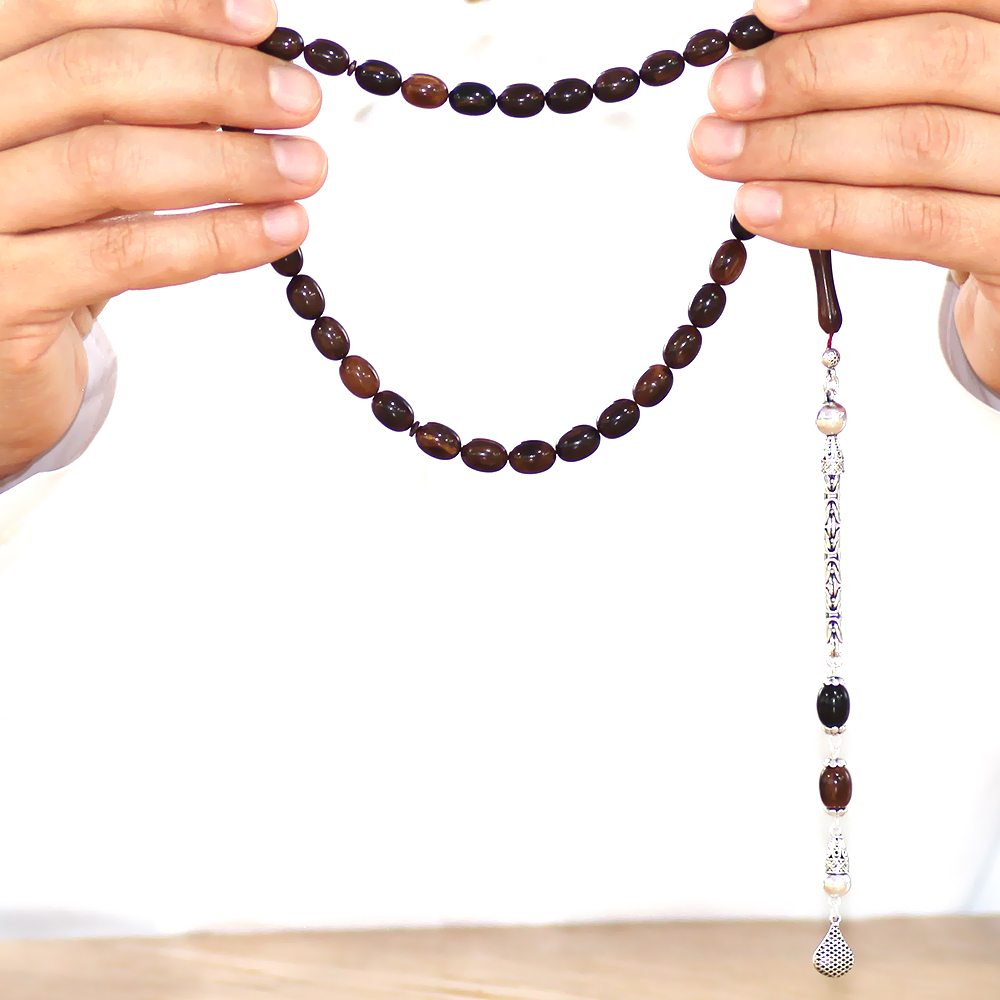 925 Ayar Gümüş Kral Zincir Püsküllü Sülün İmame Beyzi Kesim Kahverengi - Siyah Katalin Tesbih - 3