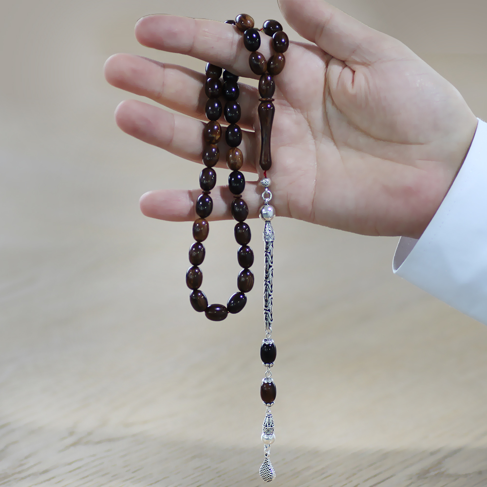 925 Ayar Gümüş Kral Zincir Püsküllü Sülün İmame Beyzi Kesim Kahverengi - Siyah Katalin Tesbih - 4