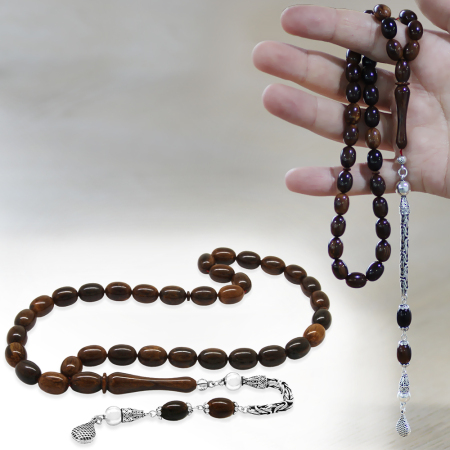 925 Ayar Gümüş Kral Zincir Püsküllü Sülün İmame Beyzi Kesim Kahverengi - Siyah Katalin Tesbih - Tesbihane