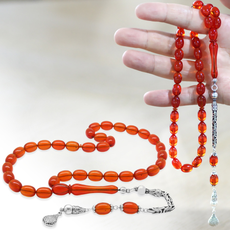 925 Ayar Gümüş Kral Zincir Püsküllü Sülün İmame Beyzi Kesim Kırmızı Katalin Tesbih - Tesbihane