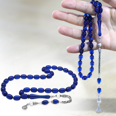 925 Ayar Gümüş Kral Zincir Püsküllü Sülün İmame Beyzi Kesim Lacivert Katalin Tesbih - Tesbihane