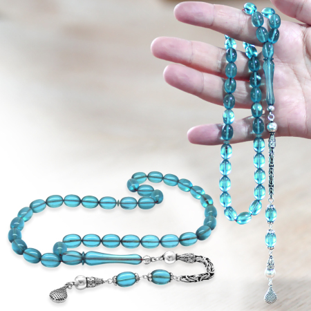 925 Ayar Gümüş Kral Zincir Püsküllü Sülün İmame Beyzi Kesim Mavi Katalin Tesbih - Tesbihane