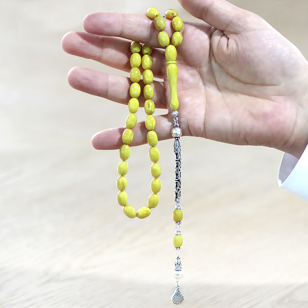 925 Ayar Gümüş Kral Zincir Püsküllü Sülün İmame Beyzi Kesim Nane Yeşili Katalin Tesbih - 4