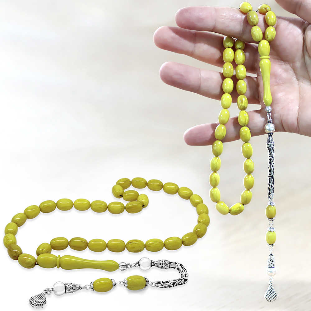 925 Ayar Gümüş Kral Zincir Püsküllü Sülün İmame Beyzi Kesim Nane Yeşili Katalin Tesbih - 1