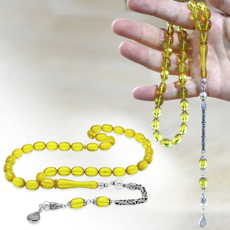 925 Ayar Gümüş Kral Zincir Püsküllü Sülün İmame Beyzi Kesim Sarı Katalin Tesbih - Tesbihane