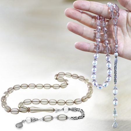 925 Ayar Gümüş Kral Zincir Püsküllü Sülün İmame Beyzi Kesim Şeffaf Beyaz Katalin Tesbih - Tesbihane