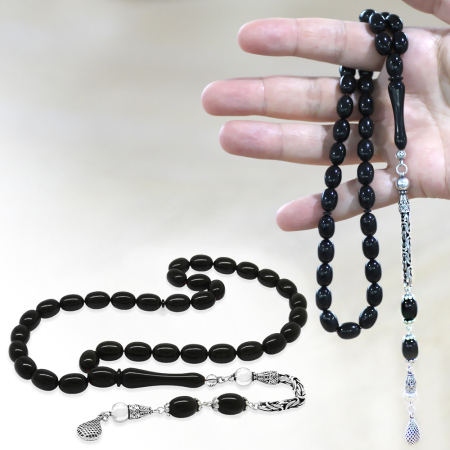 925 Ayar Gümüş Kral Zincir Püsküllü Sülün İmame Beyzi Kesim Siyah Katalin Tesbih - Tesbihane