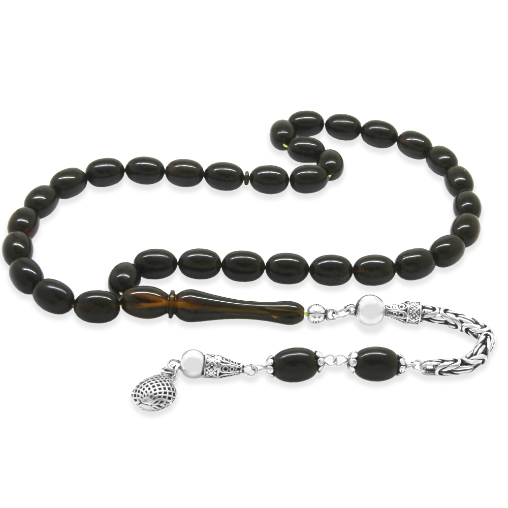 925 Ayar Gümüş Kral Zincir Püsküllü Sülün İmame Beyzi Kesim Siyah - Sarı Hareli Katalin Tesbih - 2