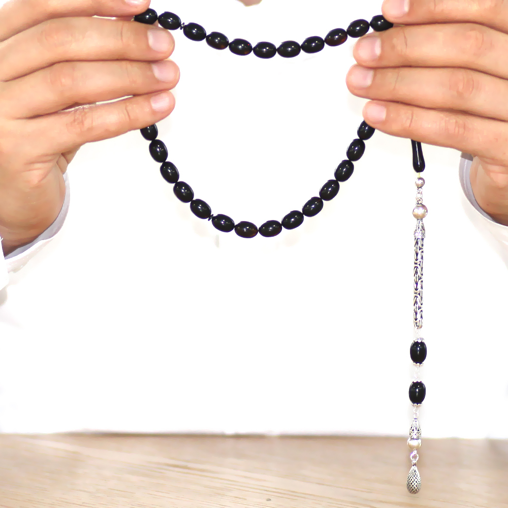 925 Ayar Gümüş Kral Zincir Püsküllü Sülün İmame Beyzi Kesim Siyah - Sarı Hareli Katalin Tesbih - 3