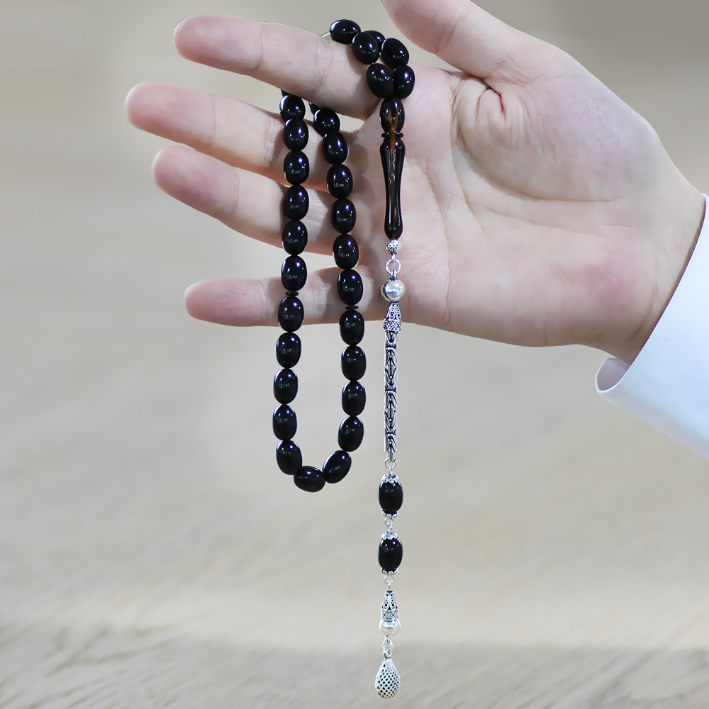 925 Ayar Gümüş Kral Zincir Püsküllü Sülün İmame Beyzi Kesim Siyah - Sarı Hareli Katalin Tesbih - 4