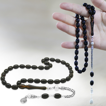 925 Ayar Gümüş Kral Zincir Püsküllü Sülün İmame Beyzi Kesim Siyah - Sarı Hareli Katalin Tesbih - Tesbihane