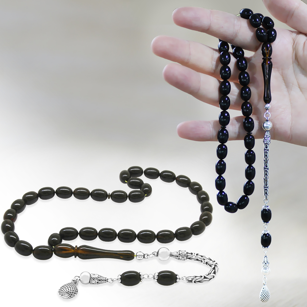 925 Ayar Gümüş Kral Zincir Püsküllü Sülün İmame Beyzi Kesim Siyah - Sarı Hareli Katalin Tesbih - 1