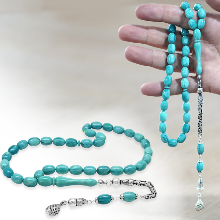 925 Ayar Gümüş Kral Zincir Püsküllü Sülün İmame Beyzi Kesim Turkuaz - Beyaz Hareli Katalin Tesbih - Tesbihane