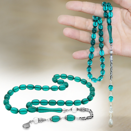 925 Ayar Gümüş Kral Zincir Püsküllü Sülün İmame Beyzi Kesim Turkuaz Katalin Tesbih - Tesbihane