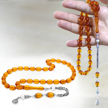 925 Ayar Gümüş Kral Zincir Püsküllü Sülün İmame Beyzi Kesim Turuncu Katalin Tesbih - Tesbihane