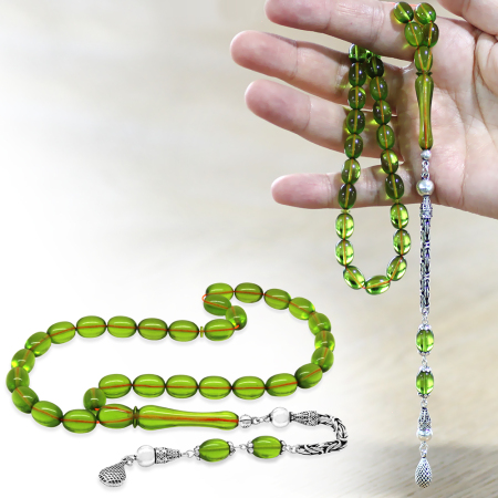 925 Ayar Gümüş Kral Zincir Püsküllü Sülün İmame Beyzi Kesim Yeşil Katalin Tesbih - Tesbihane