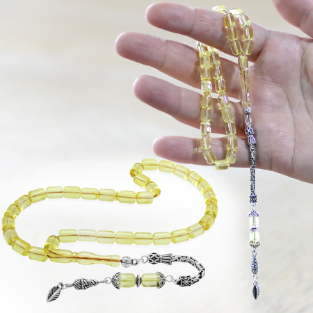 925 Ayar Gümüş Kral Zincir Püsküllü Tombul Kapsül Kesim Ihlamur Sarı Doğal Damla Kehribar Tesbih - Tesbihane