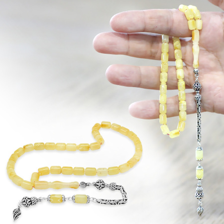 925 Ayar Gümüş Kral Zincir Püsküllü Tombul Kapsül Kesim Sarı Beyaz Doğal Damla Kehribar Tesbih - Tesbihane