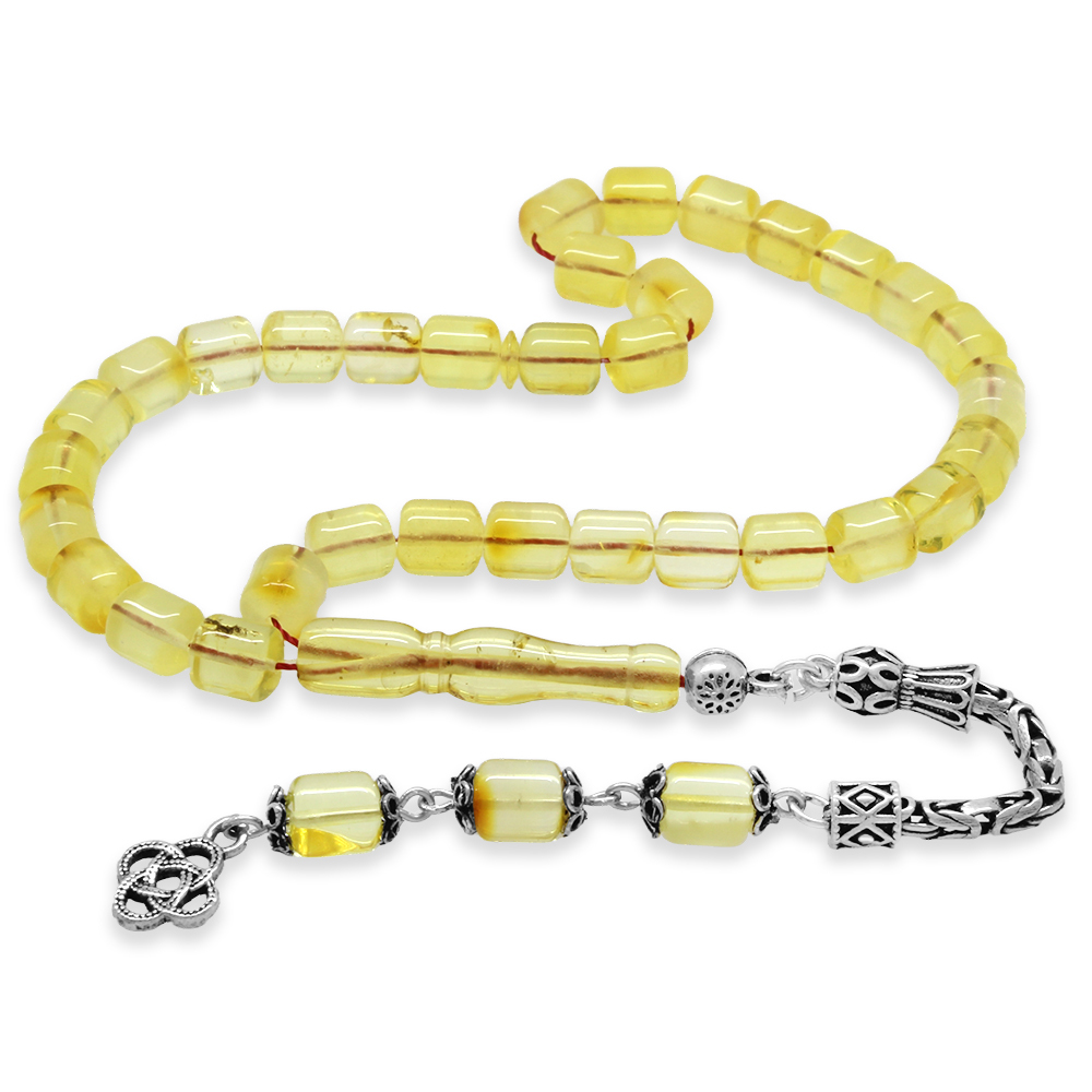 925 Ayar Gümüş Kral Zincir Püsküllü Tombul Kapsül Kesim Soft Sarı Beyaz Doğal Damla Kehribar Tesbih - 2