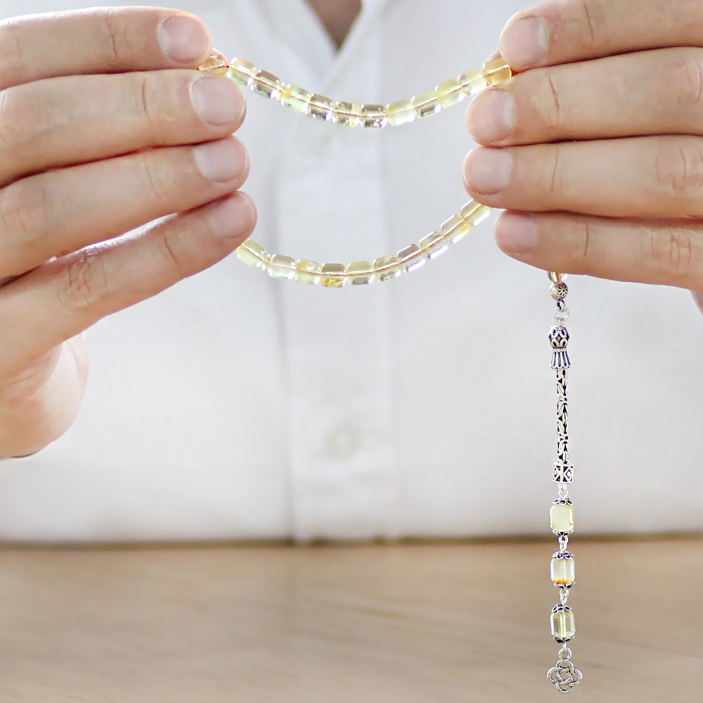 925 Ayar Gümüş Kral Zincir Püsküllü Tombul Kapsül Kesim Soft Sarı Beyaz Doğal Damla Kehribar Tesbih - 3