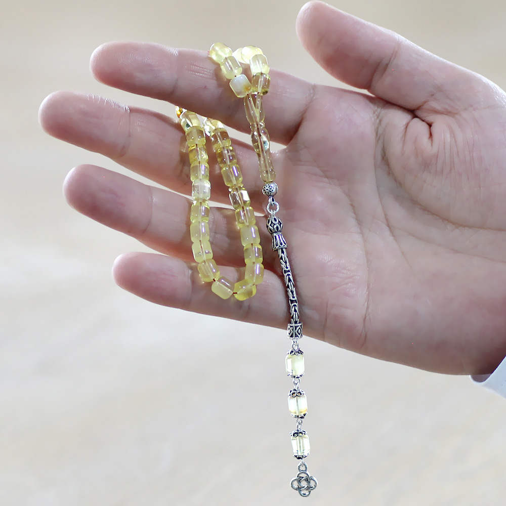 925 Ayar Gümüş Kral Zincir Püsküllü Tombul Kapsül Kesim Soft Sarı Beyaz Doğal Damla Kehribar Tesbih - 4