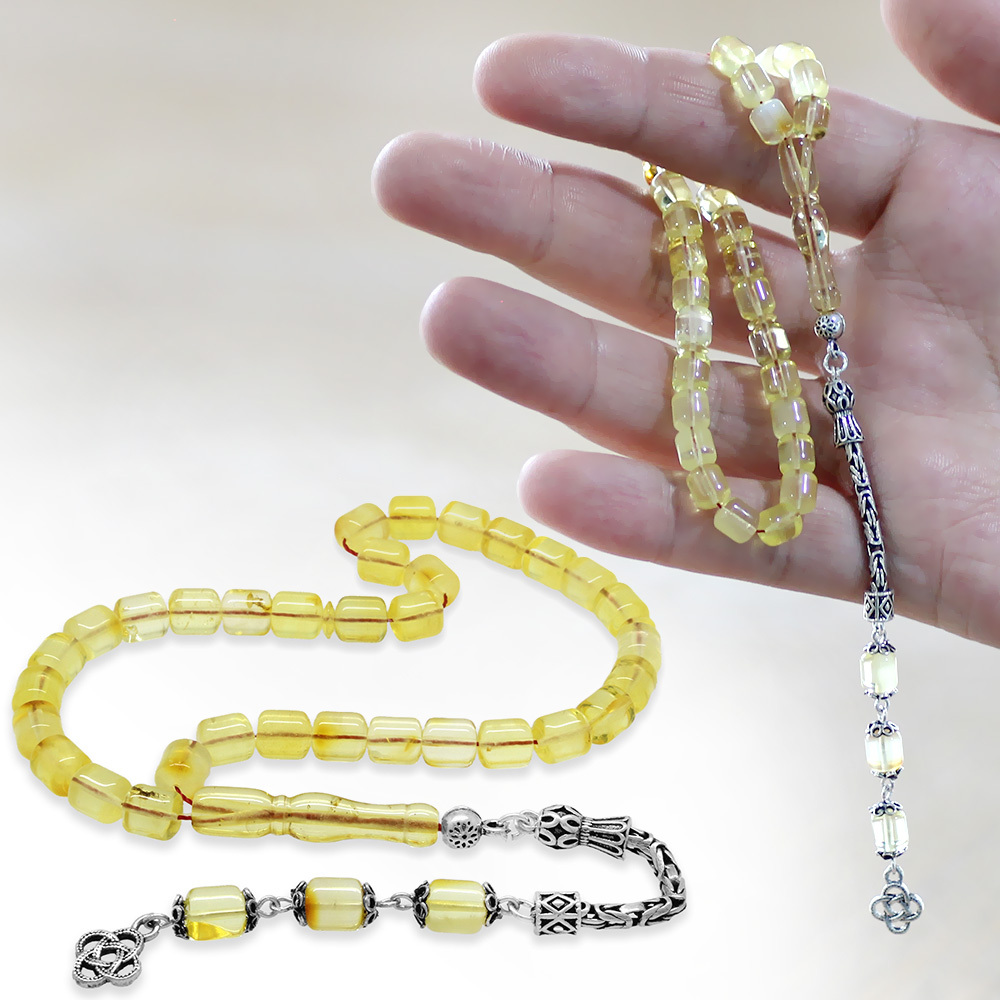 925 Ayar Gümüş Kral Zincir Püsküllü Tombul Kapsül Kesim Soft Sarı Beyaz Doğal Damla Kehribar Tesbih - 1