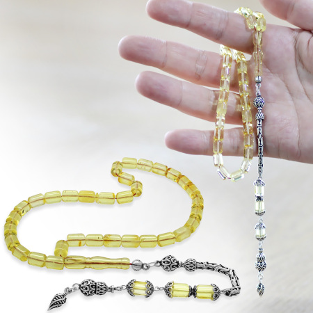 925 Ayar Gümüş Kral Zincir Püsküllü Tombul Kapsül Kesim Soft Sarı Doğal Damla Kehribar Tesbih - Tesbihane