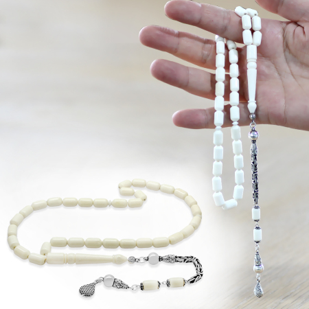 925 Ayar Gümüş Kral Zincir Püsküllü Uçlu Kapsül Kesim Beyaz Renk Deve Kemiği Tesbih - Tesbihane