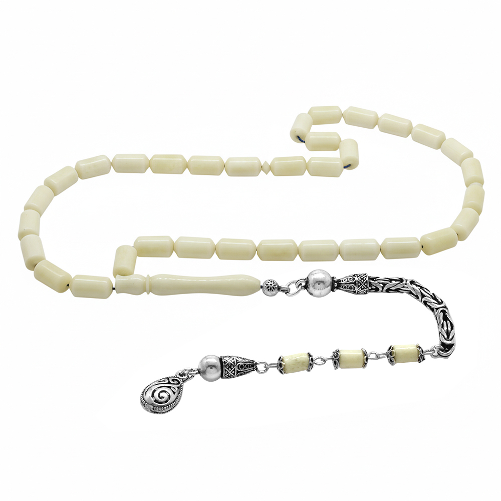 925 Ayar Gümüş Kral Zincir Püsküllü Uçlu Kapsül Kesim Naturel Renk Deve Kemiği Tesbih - 2