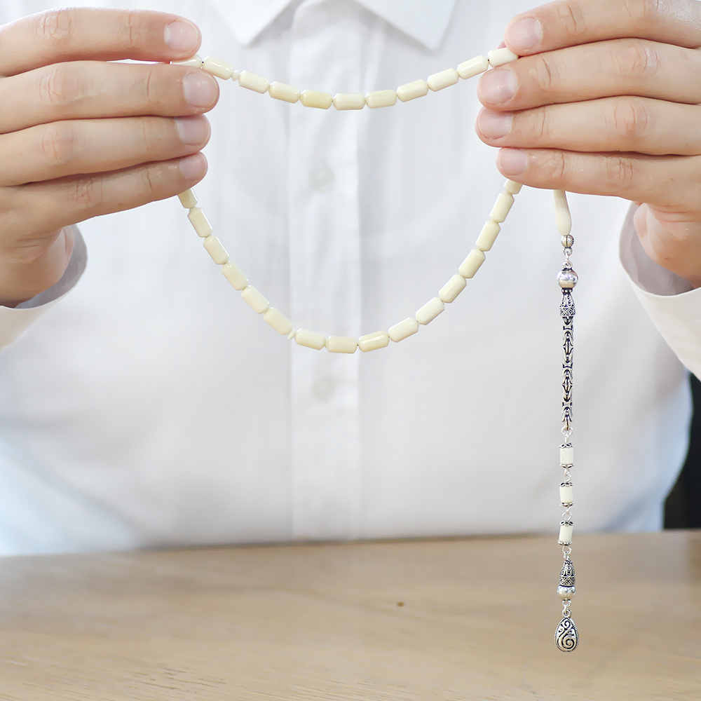 925 Ayar Gümüş Kral Zincir Püsküllü Uçlu Kapsül Kesim Naturel Renk Deve Kemiği Tesbih - 4