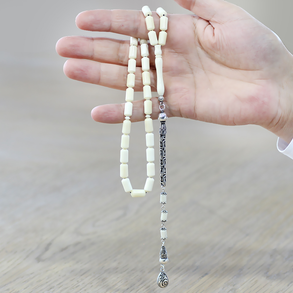 925 Ayar Gümüş Kral Zincir Püsküllü Uçlu Kapsül Kesim Naturel Renk Deve Kemiği Tesbih - 3