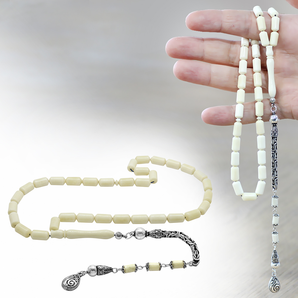 925 Ayar Gümüş Kral Zincir Püsküllü Uçlu Kapsül Kesim Naturel Renk Deve Kemiği Tesbih - 1