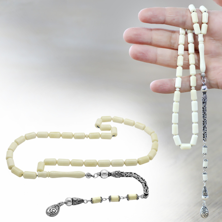 925 Ayar Gümüş Kral Zincir Püsküllü Uçlu Kapsül Kesim Naturel Renk Deve Kemiği Tesbih - Tesbihane